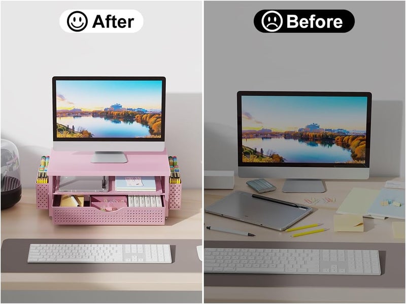 gianotter Wood Monitor Stand Riser, Desk Organizer with Drawer and 2 Pen Holders, 2-Tier Workspace Organizer for Office Supplies(Pink Wood) - Image 2